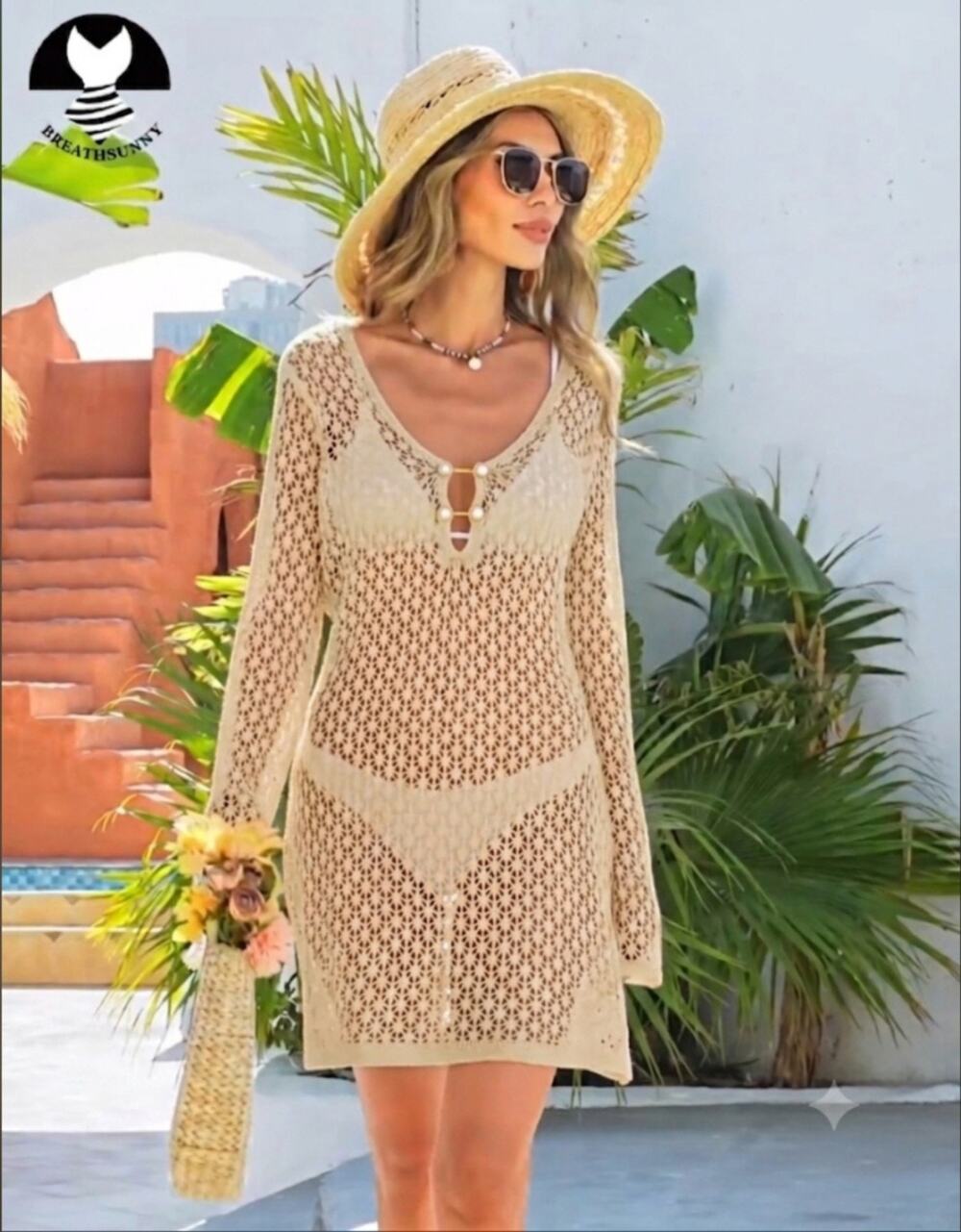 #202 MSRP $35 BREATHSUNNY OPEN KNIT MINI SWIMSUIT COVER UP DRESS ♡SIZE L♡